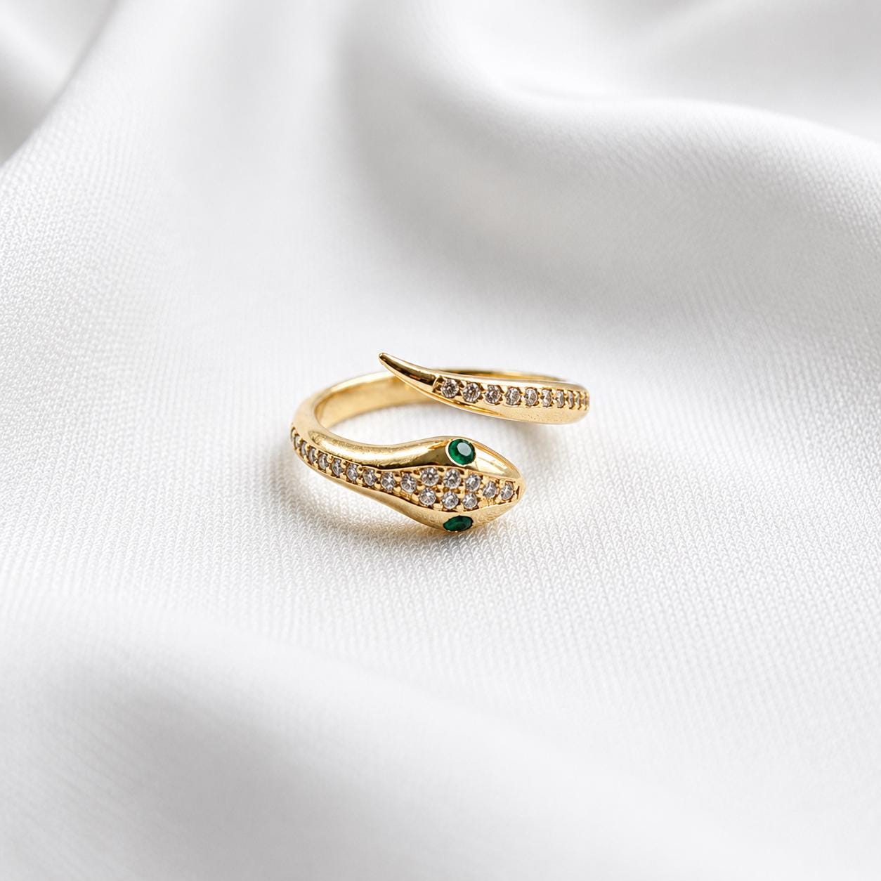 Gold Plated Snake Wrap Ring with Green Zircon Eyes and Sparkling Stones