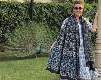 Hand Block Printed Indigo Cotton Scarf • Boho Beach Sarong