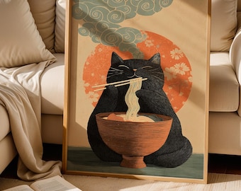 Black Cat Ramen Poster, Cute Japanese Wall Art, Noodle Cat Kitchen Decor, Minimalist Cat Illustration, Asian Retro Food Print