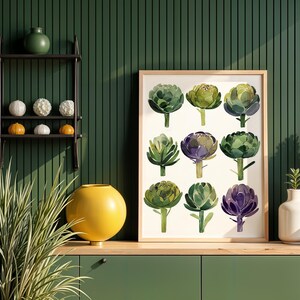 Artichoke Wall Art, Watercolor Artichoke Print, Kitchen Vegetable Poster, Printable Healthy Food Decor, Kitchen Art Print, Food Print