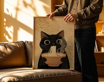 Impresión de ramen de gato negro: Arte kawaii de tazón de fideos japoneses (descarga digital)