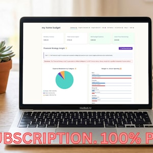Op de afbeelding: Een laptop toont een interface van een budgetteringsapp met visualisaties van financiële gegevens. Een kopje koffie, een vetplant in een terracotta pot en een notitieboek liggen op het houten bureau. De tekst "NO SUBSCRIPTION. 100% PRIVATE" staat onderaan.