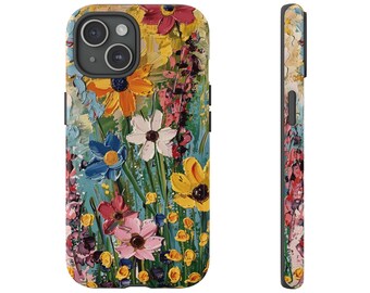 Puede incluir: Una funda de teléfono colorida con un diseño floral. La funda presenta una variedad de flores en tonos de rosa, amarillo, azul y verde, pintadas en un estilo texturizado.