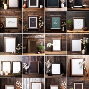 May include: A collage of 16 rustic wooden frames with white mounts, each featuring a different design and text. The frames are arranged in a grid pattern on a dark wood background. The text in the frames includes words like "Dope", "You're", "Moour", "Gin", "Mough", "Mosce", "Bole", "Noisy", and "Took".