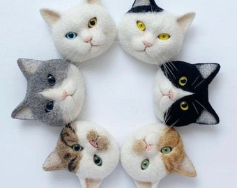 Needle Felt Cute Cat Portrait Brooch,Soft Wool Kitten Face Ornament Pin,Cat Felt Brooch,Wakuneco,Custom Felt Pets,Pet Memorial Gifts