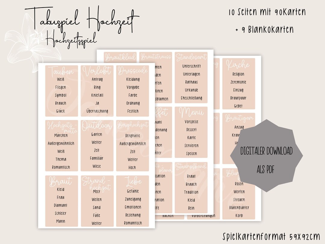 Tabu Spiel Hochzeit zum ausdrucken Digital - Etsy.de