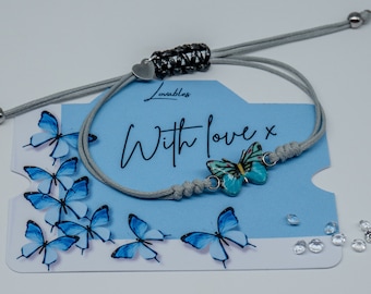 Stunning Blue Butterfly Charm Bracelet | Stylish Gift in Grey and Black 'With Love'