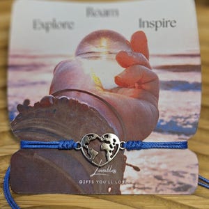 Explorer Bracelet, adventure gift, World Heart Charm, Backpacker Gift