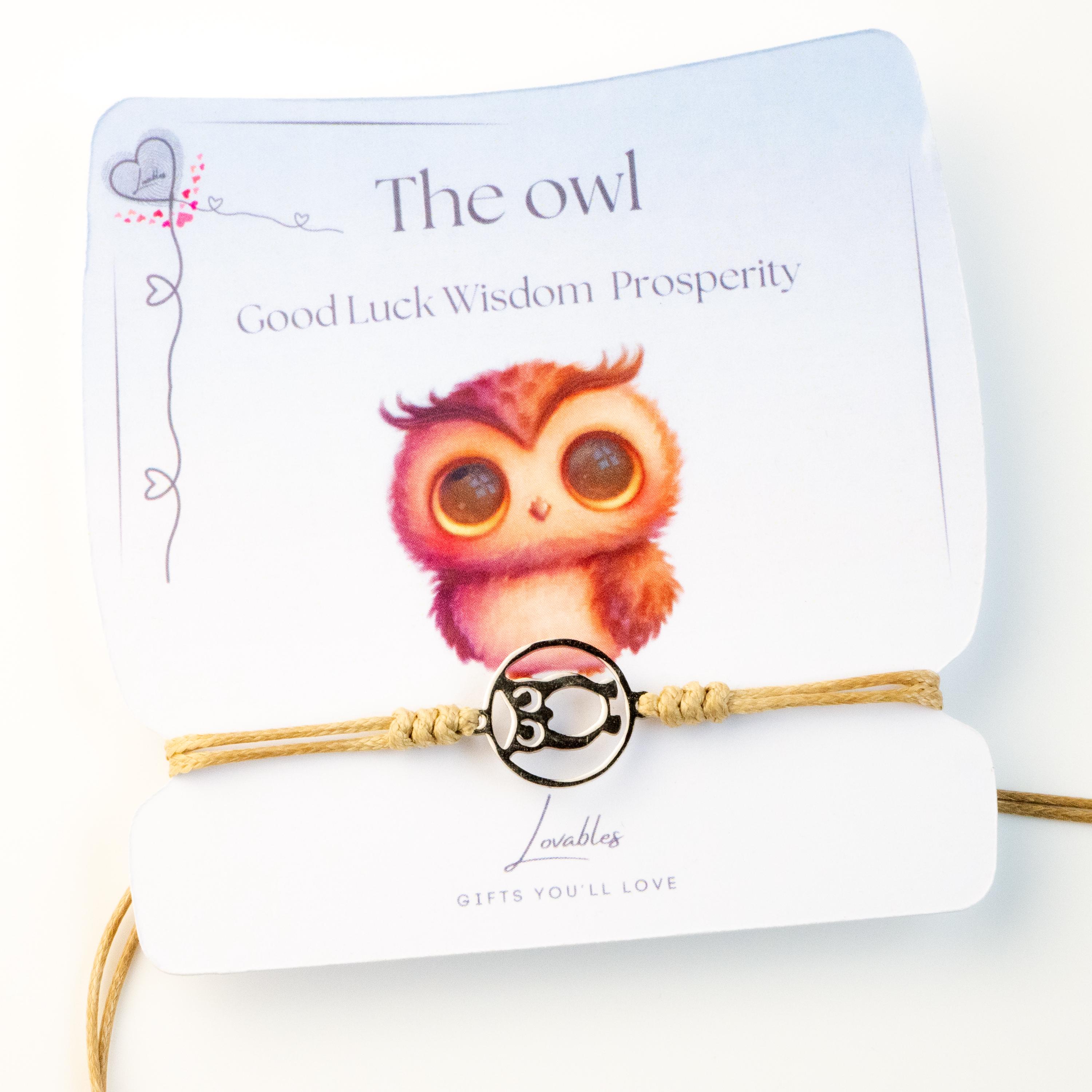 Owl Charm Bracelet: Stainless Steel, Adjustable Cord