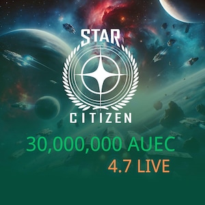 May include: A promotional image for Star Citizen, featuring a space scene with planets, asteroids, and spaceships. The Star Citizen logo is prominently displayed, along with the text "30,000,000 AUEC" and "4.7 LIVE". The background is a mix of blues, greens, and reds.