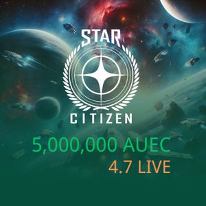 Peut inclure: Image promotionnelle pour Star Citizen, avec une scène spatiale comprenant des planètes, des vaisseaux spatiaux et des nébuleuses. Le logo Star Citizen est mis en évidence, avec le texte "5,000,000 AUEC" et "4.7 LIVE" en vert et orange.
