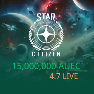 May include: A digital graphic for the game Star Citizen, featuring the game's logo in white against a space scene with planets, asteroids, and spaceships. The text reads "15,000,000 AUEC" and "4.7 LIVE" in green and orange.