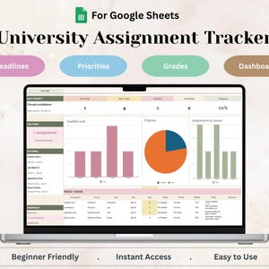 Op de afbeelding: Een digitale universiteitsopdrachten-tracker voor Google Sheets weergegeven op een laptopscherm. De interface bevat een dashboard met een staafdiagram, een cirkeldiagram en een tabel voor het bijhouden van deadlines en voortgang.
