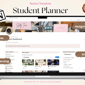 Modelo de Planejador Estudantil Notion, Rastreador de Tarefas, Rastreador de Notas e Painel de Estudos