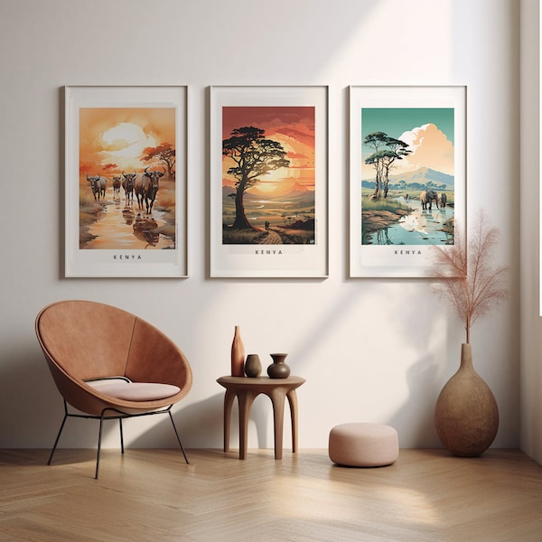 Lot de 3 affiches de voyage au Kenya, paysage du Masai Mara, coucher de soleil en Afrique, Safari, décoration d'intérieur, impression numérique, impression d'art mural nature, aquarelle