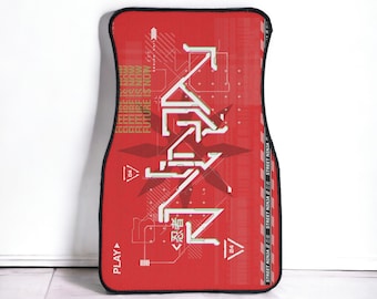 May include: Red car floor mat with a black border. The mat features white text that reads "KENIN" in a stylized font, along with the words "FUTURE IS NOW" and "STREET NINJA". The design includes geometric shapes and Japanese characters.