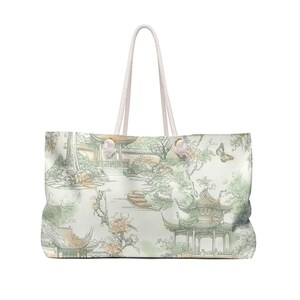 Green chinoiserie lotus weekender bag large mahjong bag mahjong storage mahjong tote bag travel mahj bag pagodas, butterflies asian garden image 2