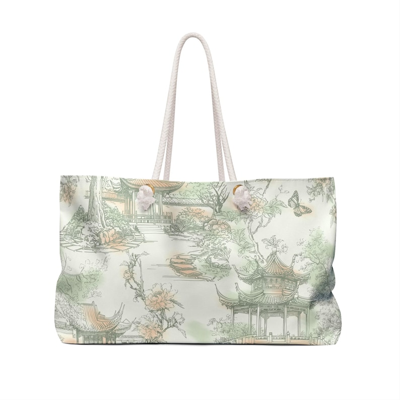 Green chinoiserie lotus weekender bag large mahjong bag mahjong storage mahjong tote bag travel mahj bag pagodas, butterflies asian garden image 2
