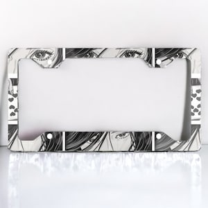 Automotive anime license plate frame, kawaii license plate frame, Japanese car decorations, crying manga faces, waifu, cartoon playing cards