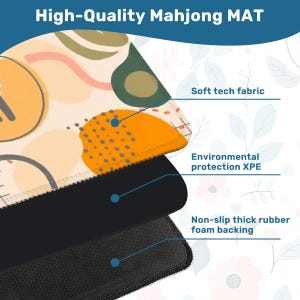 Puede incluir: Una alfombrilla de Mahjong de alta calidad con un dise&ntilde;o abstracto colorido. La alfombrilla presenta una tela t&eacute;cnica suave, protecci&oacute;n ambiental XPE y un respaldo de espuma de goma gruesa antideslizante. La capa superior tiene un patr&oacute;n de formas naranjas, verdes y beige.