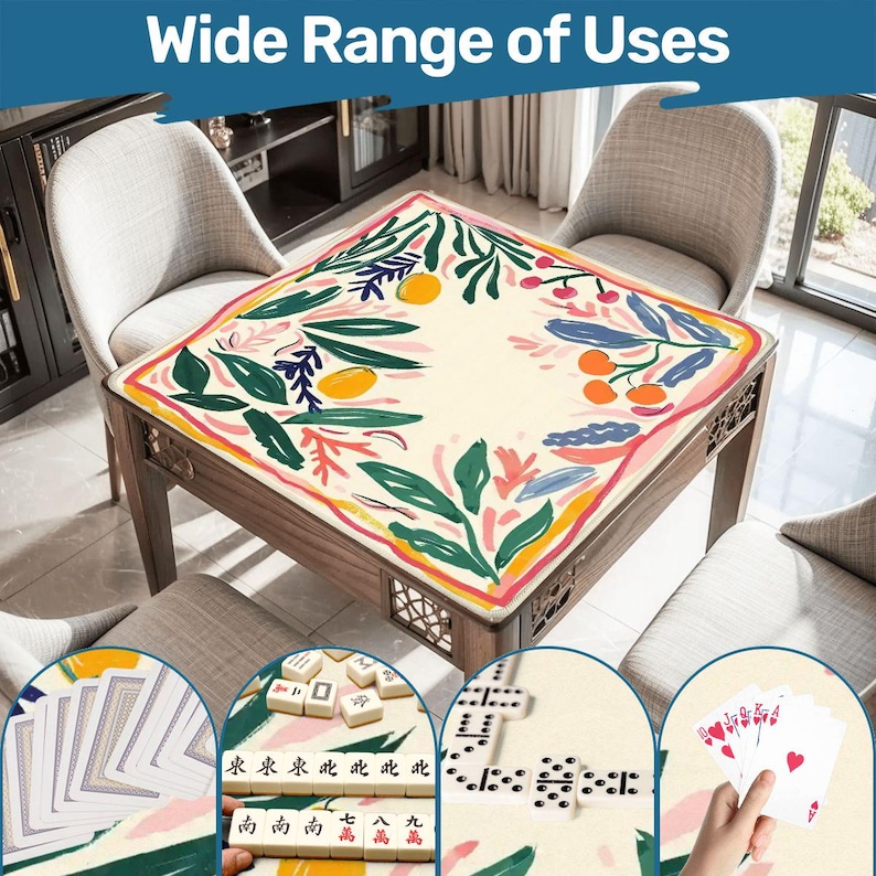 Pode incluir: Uma mesa de madeira com uma toalha de mesa com padr&atilde;o floral. A toalha de mesa tem um fundo creme com folhas verdes, frutas laranja e detalhes em rosa e amarelo. A imagem inclui o texto "Wide Range of Uses".