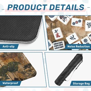May include: A product details graphic featuring a black anti-slip mat texture, white mahjong tiles for noise reduction, a waterproof mat surface with a lotus leaf print, and a black cylindrical storage bag with an adjustable shoulder strap.
