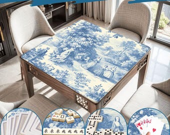 May include: A wooden table with a blue and white toile pattern tabletop. The table is surrounded by chairs and the text "Wide Range of Uses" is at the top. The image shows the table being used for playing cards, dominoes, and mahjong.