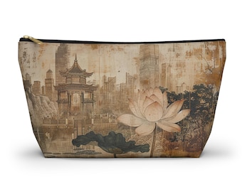 Vintage watercolor chinoiserie accessory pouch zip pouch mahjong tile bag tile holder mah jong mahjong tile pouch lotus asian pagoda garden