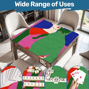 May include: A wooden table with a colorful abstract design featuring a woman and a cat. The table is surrounded by chairs and has a variety of games displayed, including cards, dominoes, and mahjong tiles. The text "Wide Range of Uses" is at the top.