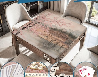 Mahjong Mat chinoiserie print tablecloth play mat mahjong table mat watercolor pink cherry blossom lake chinoiserie mahjong table cover game