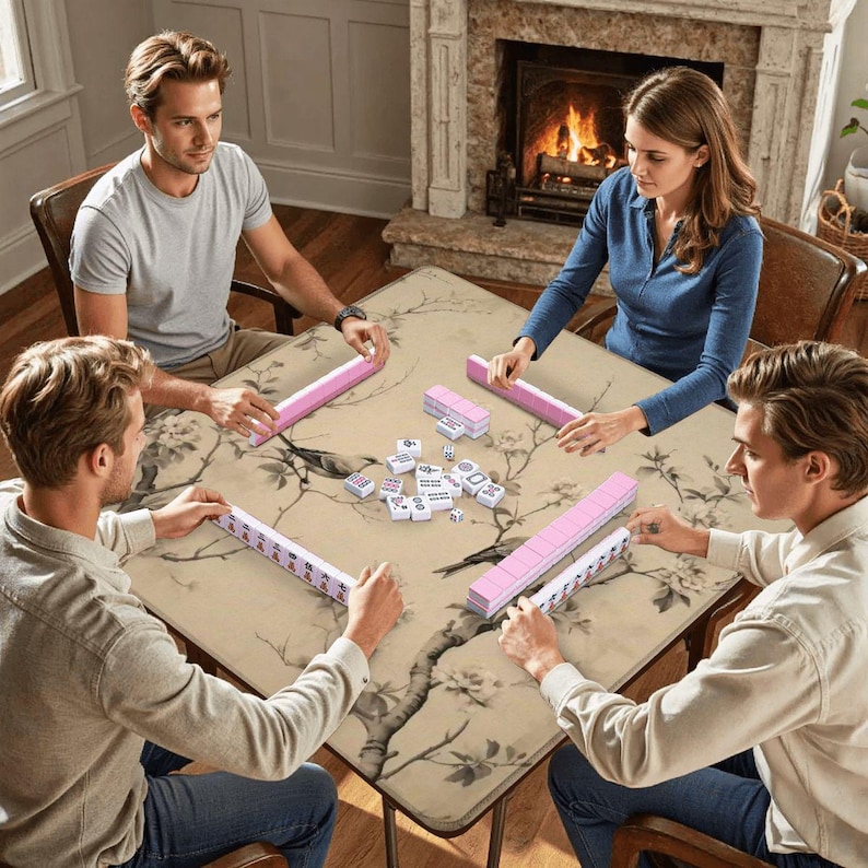 Op de afbeelding: Vier mensen spelen Mahjong rond een vierkante tafel met een bloemenpatroon. Roze tegelrekken en witte tegels met zwarte symbolen zijn zichtbaar. Een open haard met vuur is op de achtergrond.