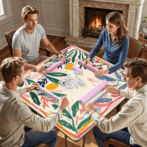 Pode incluir: Quatro pessoas jogando Mahjong em uma mesa quadrada. A mesa tem uma superf&iacute;cie creme com um design floral colorido. Pe&ccedil;as e racks de Mahjong rosa s&atilde;o vis&iacute;veis. Uma lareira est&aacute; ao fundo.