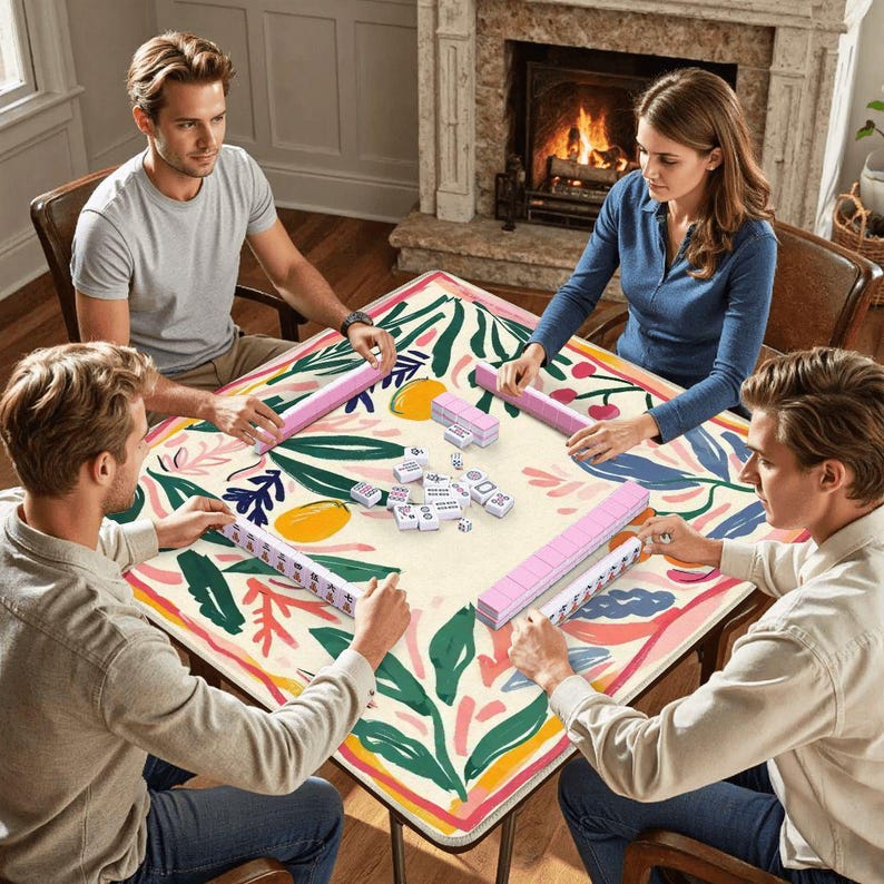 Pode incluir: Quatro pessoas jogando Mahjong em uma mesa quadrada. A mesa tem uma superf&iacute;cie creme com um design floral colorido. Pe&ccedil;as e racks de Mahjong rosa s&atilde;o vis&iacute;veis. Uma lareira est&aacute; ao fundo.