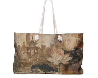 Vintage chinoiserie lotus weekender bag large mahjong bag mahjong storage mahjong tote bag travel mahj bag asian pagoda garden