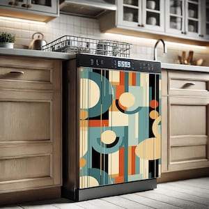 Puede incluir: Un lavavajillas negro con un dise&ntilde;o geom&eacute;trico colorido que presenta c&iacute;rculos, cuadrados y rayas en tonos de azul, naranja, amarillo y negro. El lavavajillas tiene una pantalla digital con el n&uacute;mero "6569" visible.