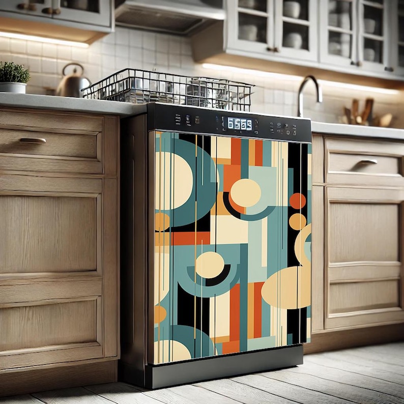 Puede incluir: Un lavavajillas negro con un dise&ntilde;o geom&eacute;trico colorido que presenta c&iacute;rculos, cuadrados y rayas en tonos de azul, naranja, amarillo y negro. El lavavajillas tiene una pantalla digital con el n&uacute;mero "6569" visible.