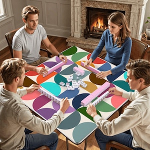 Pu&ograve; includere: Un tappetino quadrato per tavolo da mahjong con un colorato motivo geometrico di semicerchi sovrapposti in tonalit&agrave; ottanio, rosa, arancione, blu navy e marrone. Il tappetino &egrave; coperto da tessere bianche e supporti rosa per il gioco.