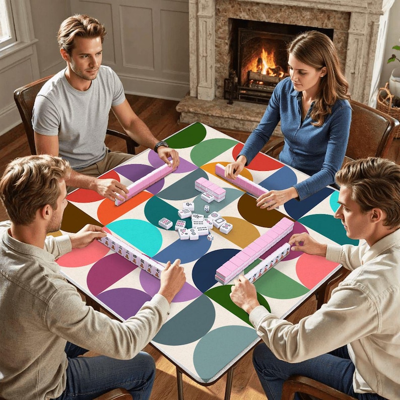Pu&ograve; includere: Un tappetino quadrato per tavolo da mahjong con un colorato motivo geometrico di semicerchi sovrapposti in tonalit&agrave; ottanio, rosa, arancione, blu navy e marrone. Il tappetino &egrave; coperto da tessere bianche e supporti rosa per il gioco.