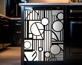May include: A black and white geometric design on a stainless steel dishwasher door. The design features circles, lines, and squares.