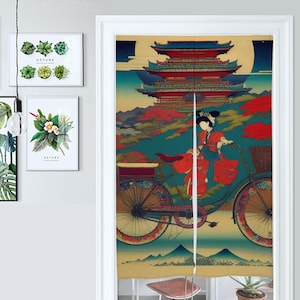 Front Door Hanging Banners 34&quot; x 56&quot;, red noren, gold japanese noren curtain, geisha traditional japanese curtains, flowers, kanji, bicycle