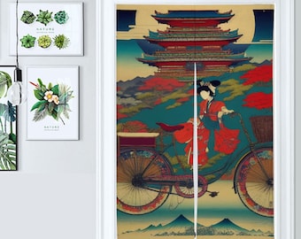 Front Door Hanging Banners 34" x 56", red noren, gold japanese noren curtain, geisha traditional japanese curtains, flowers, kanji, bicycle
