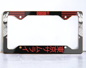 Automotive anime license plate frame, geisha kawaii license plate frame, Japanese writing, samurai kanji car decorations merch, Tokyo, Japan