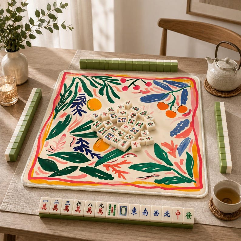 May include: A Mahjong set featuring a square play mat with a cream background and a colorful botanical print of green leaves, orange fruits, and red berries. The set includes white tiles with red, blue, and green characters and symbols.