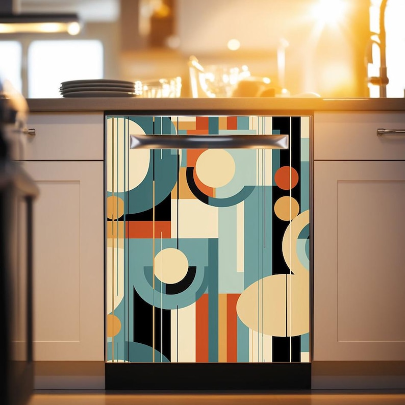 Puede incluir: Una puerta de lavavajillas con un patr&oacute;n geom&eacute;trico colorido que presenta c&iacute;rculos, rect&aacute;ngulos y rayas en tonos de azul, naranja, amarillo y negro.