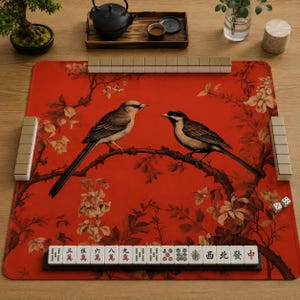 May include: A red mahjong mat featuring a printed illustration of two birds perched on a flowering branch. The mat is surrounded by four sets of mahjong tiles arranged in rows, with two white dice placed near the bottom right corner of the mat.