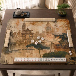 May include: A rectangular mahjong mat featuring a printed scene of a traditional pavilion, a large lotus flower, and city buildings in sepia tones. The mat includes rows of white mahjong tiles, a wooden tile rack, and two small white dice.