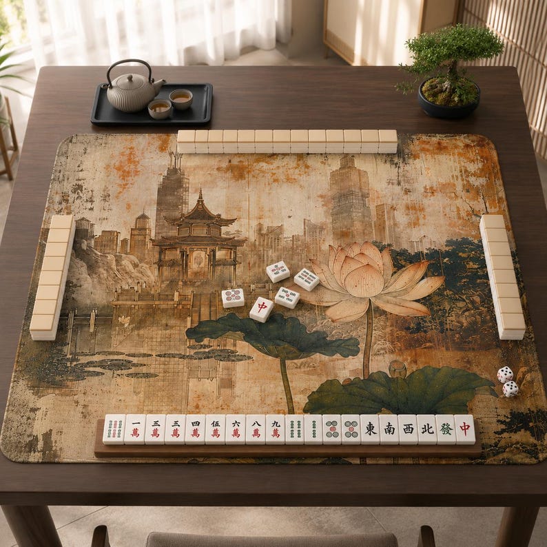 May include: A rectangular mahjong mat featuring a printed scene of a traditional pavilion, a large lotus flower, and city buildings in sepia tones. The mat includes rows of white mahjong tiles, a wooden tile rack, and two small white dice.