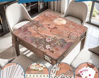 Mahjong Mat chinoiserie print tablecloth play mat mahjong table mat moon pink cherry blossom birds chinoiserie mahjong table cover games
