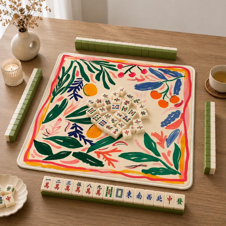 May include: A mahjong set featuring a square play mat with a cream background and a colorful botanical print of green leaves, orange fruits, and red berries. The set includes white tiles with various symbols and green backs, arranged on a wooden surface.