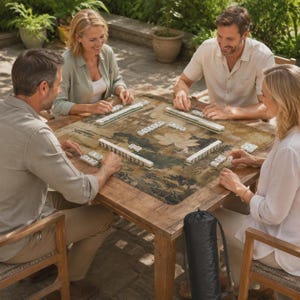 May include: A square mahjong table mat featuring a printed lotus flower and landscape design in muted earth tones. The mat is placed on a wooden table with white mahjong tiles arranged in rows. A black cylindrical carrying case sits nearby.